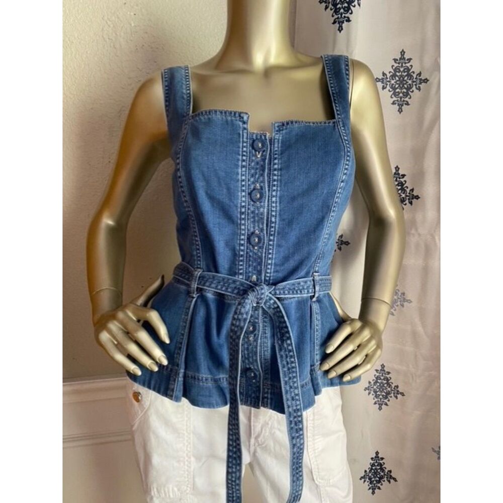 EUC White House Black Market Super Soft Denim Belted Top 10 - Picture 3 of 6